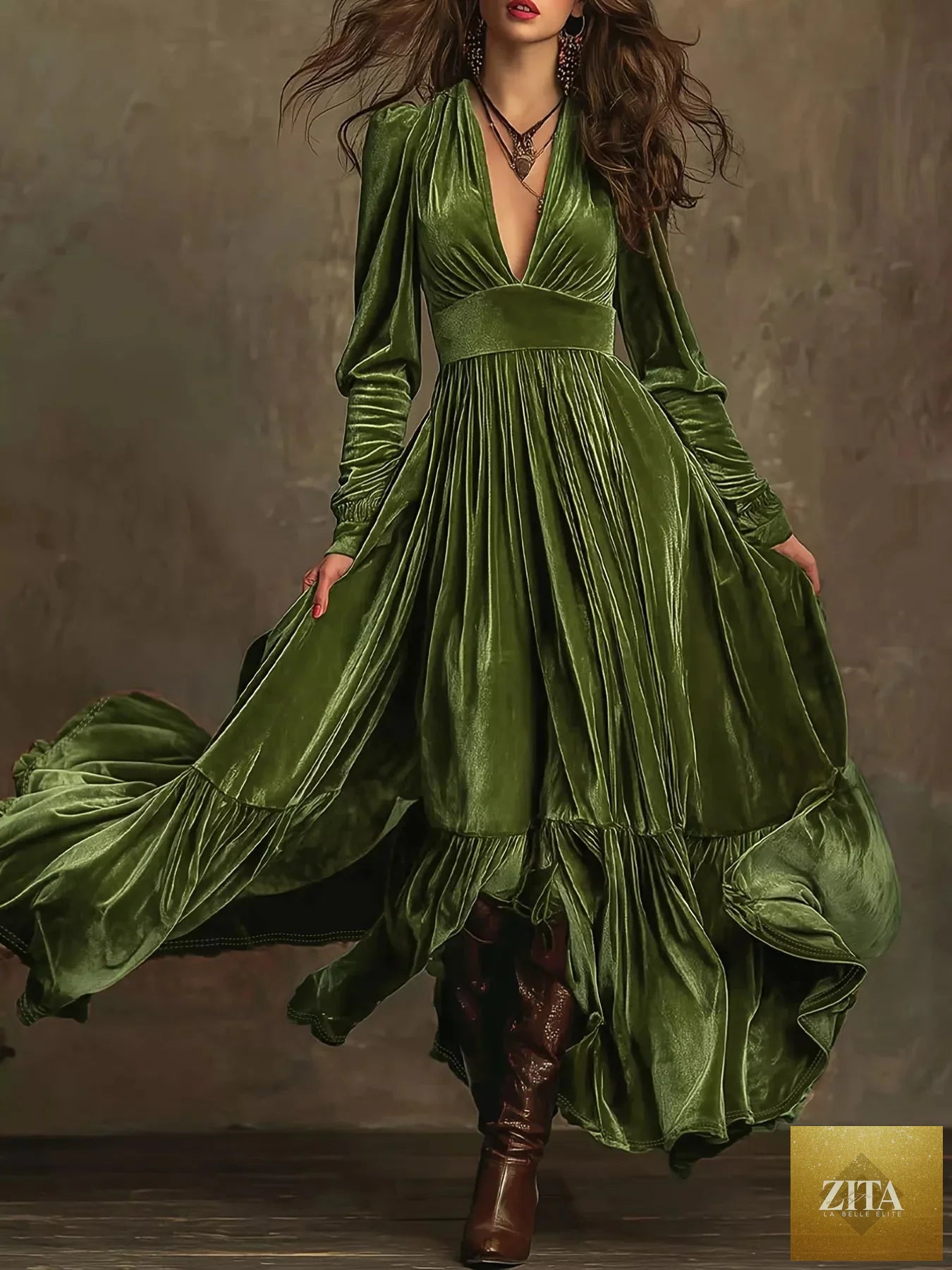 Shopiebay ruffled hem long sleeve dress featuring a feminine design and soft fabric, suitable for casual or special occasions.