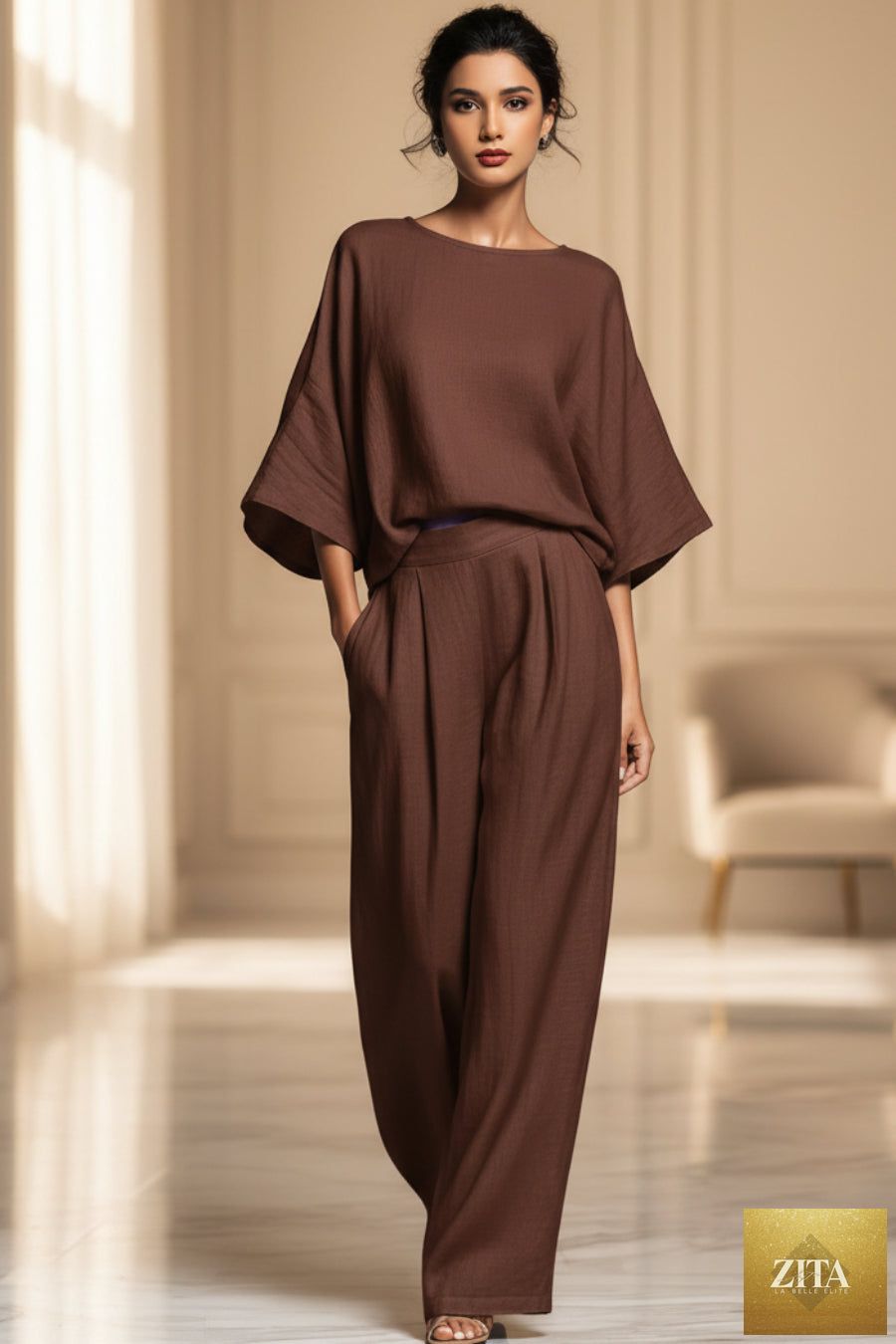 Women's Batwing-Sleeve Top & Wide-Leg Pleated Trousers Two-Piece Set