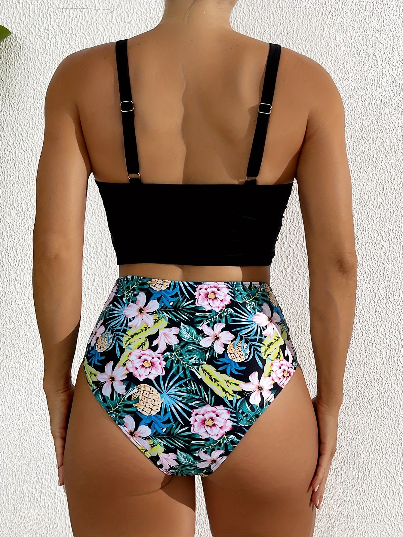 Stevvex black twist front high waist bikini set with v-neck, ruched tummy control, and cross strap detail, quick-drying polyamide swimwear.