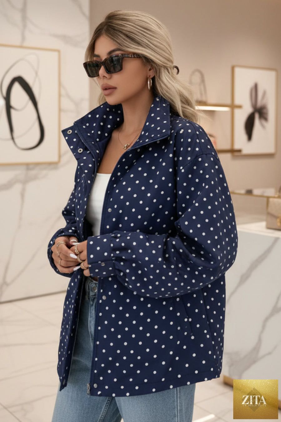 Polka Dot Zip-Up Jacket – Relaxed Fit