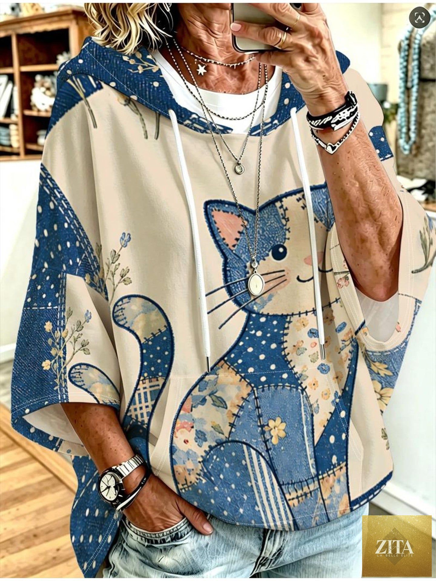 Women's Graphic Print Drawstring Hoodie – Three-Quarter Sleeves