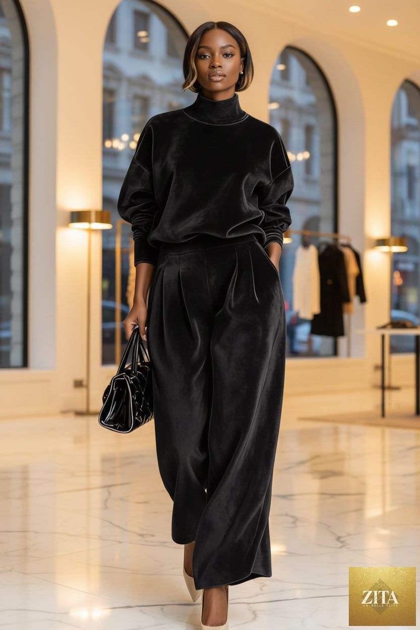 Women's Mock Turtleneck Balloon Sleeve Top & Pleated Wide-Leg Trousers Set