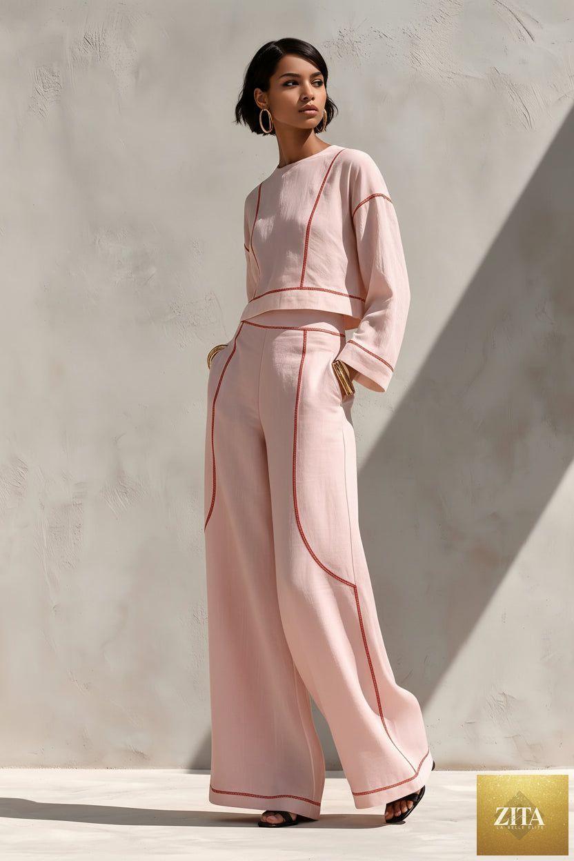 Women's Cropped Long-Sleeve Top & Ultra-Wide Palazzo Pants Set
