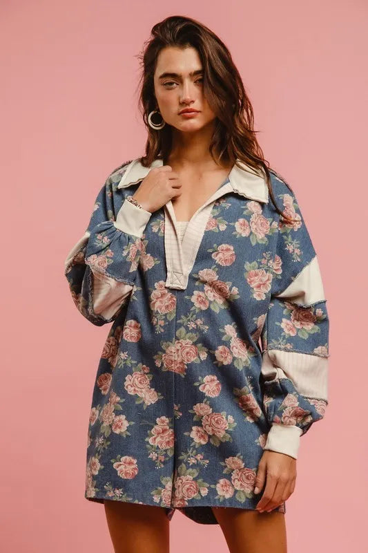 BiBi Washed Floral Denim Romper With Contrast Collar