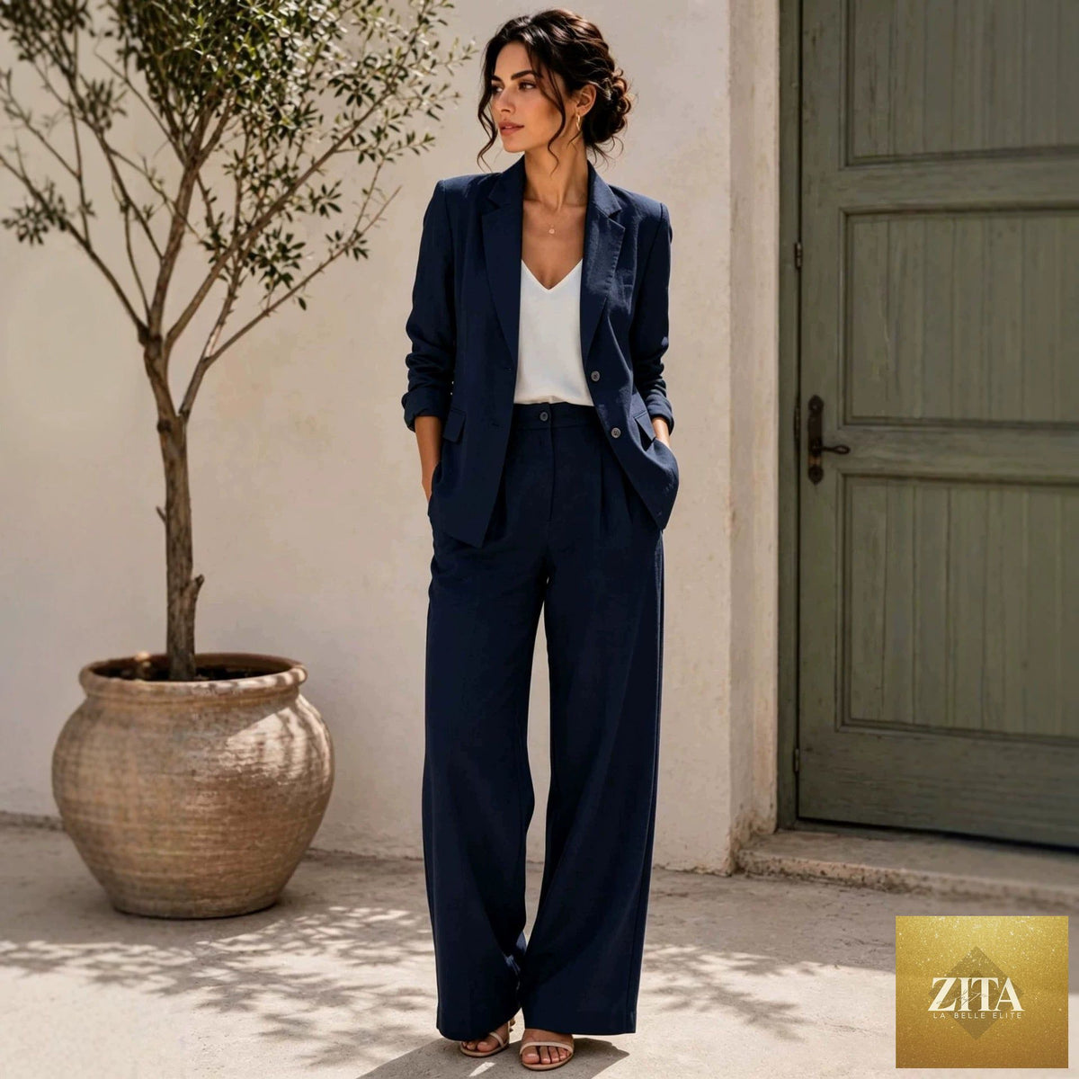 Women's Linen-Look Oversized Double-Breasted Blazer & Wide-Leg Pleated Trouser Suit Set