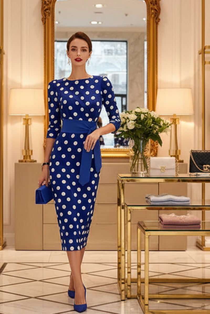 Women's retro polka-dot bodycon midi dress by FitiqueFit featuring a belted cross-tie for casualwear style.