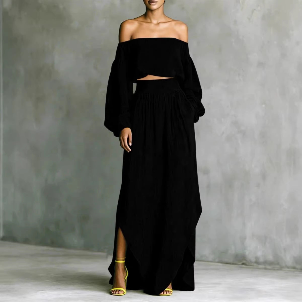 FitiqueFit women's off-shoulder top and asymmetrical maxi skirt set, casualwear ensemble in stylish, comfortable fabric.