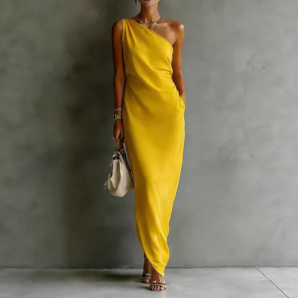 Women's satin off-shoulder slim-fit maxi dress by FitiqueFit, shown in a casualwear style with a flowing, elegant silhouette.