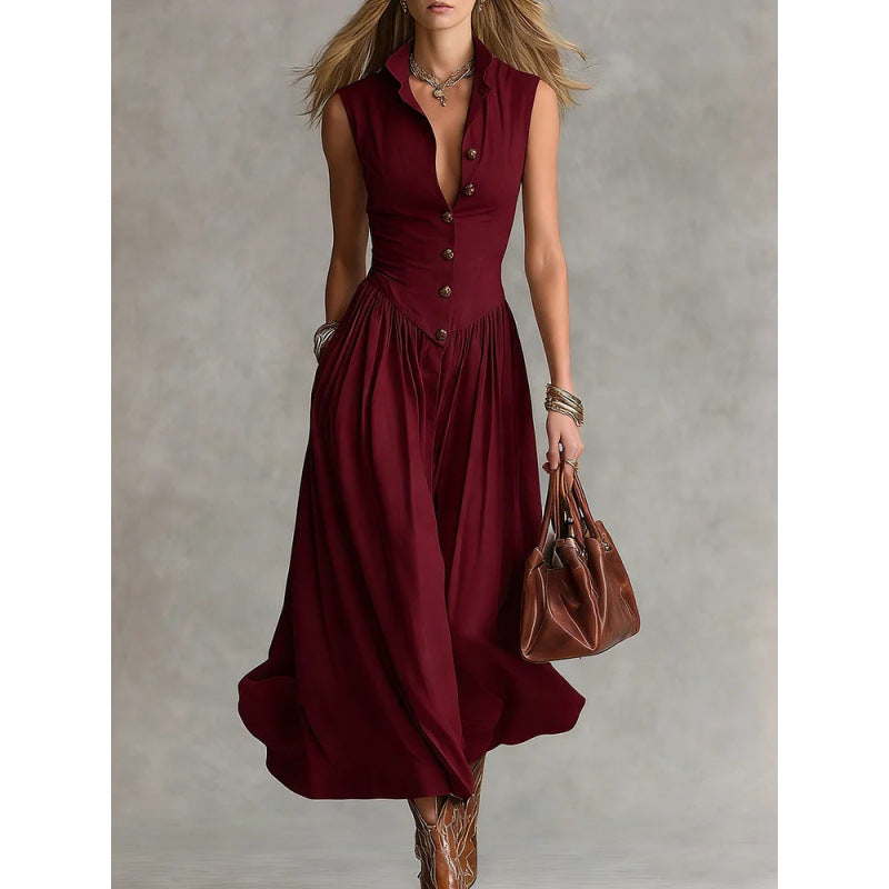 Women's sleeveless maxi dress with lapel collar and patchwork design by FitiqueFit, casualwear style, slim fit silhouette.