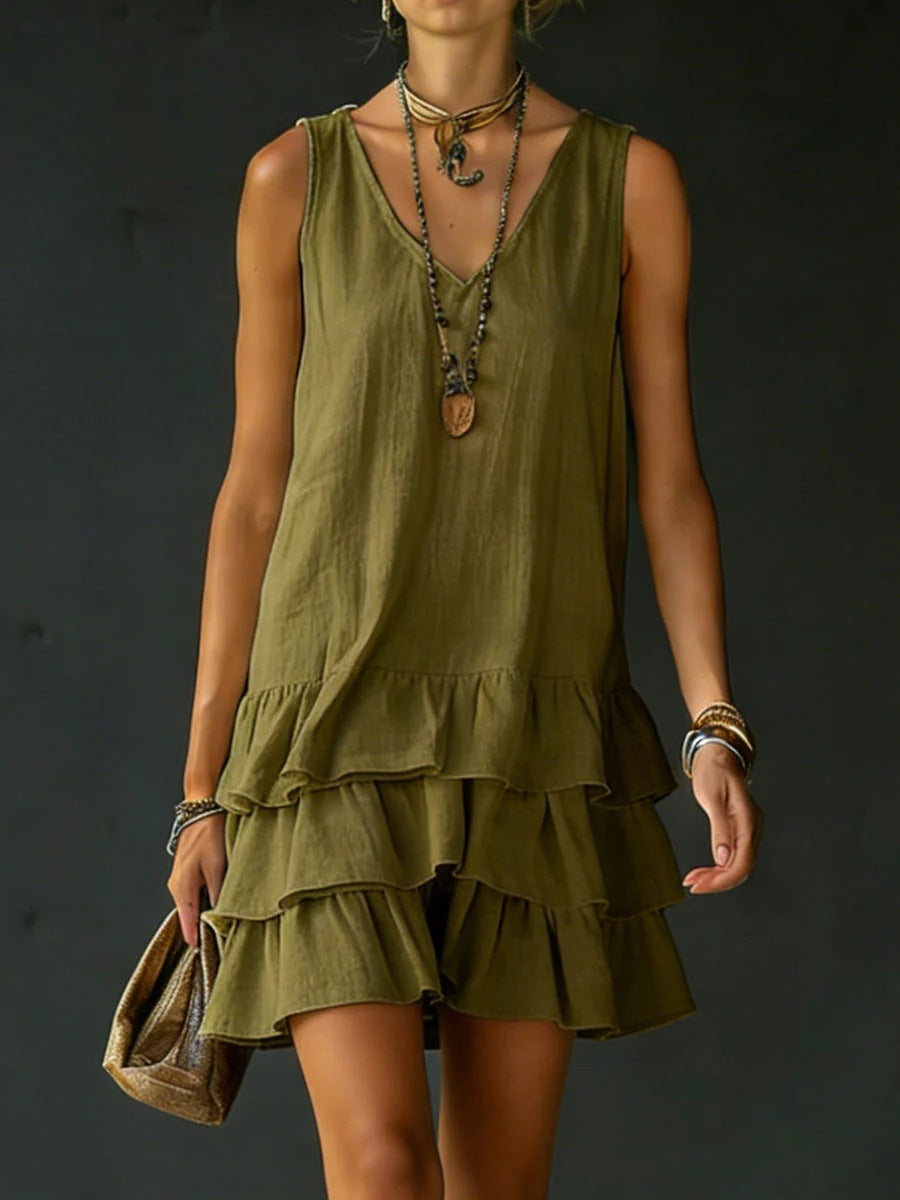 FitiqueFit V-neck sleeveless midi dress in five colors, casualwear style, shown in a natural pose on a model, size S–2XL.