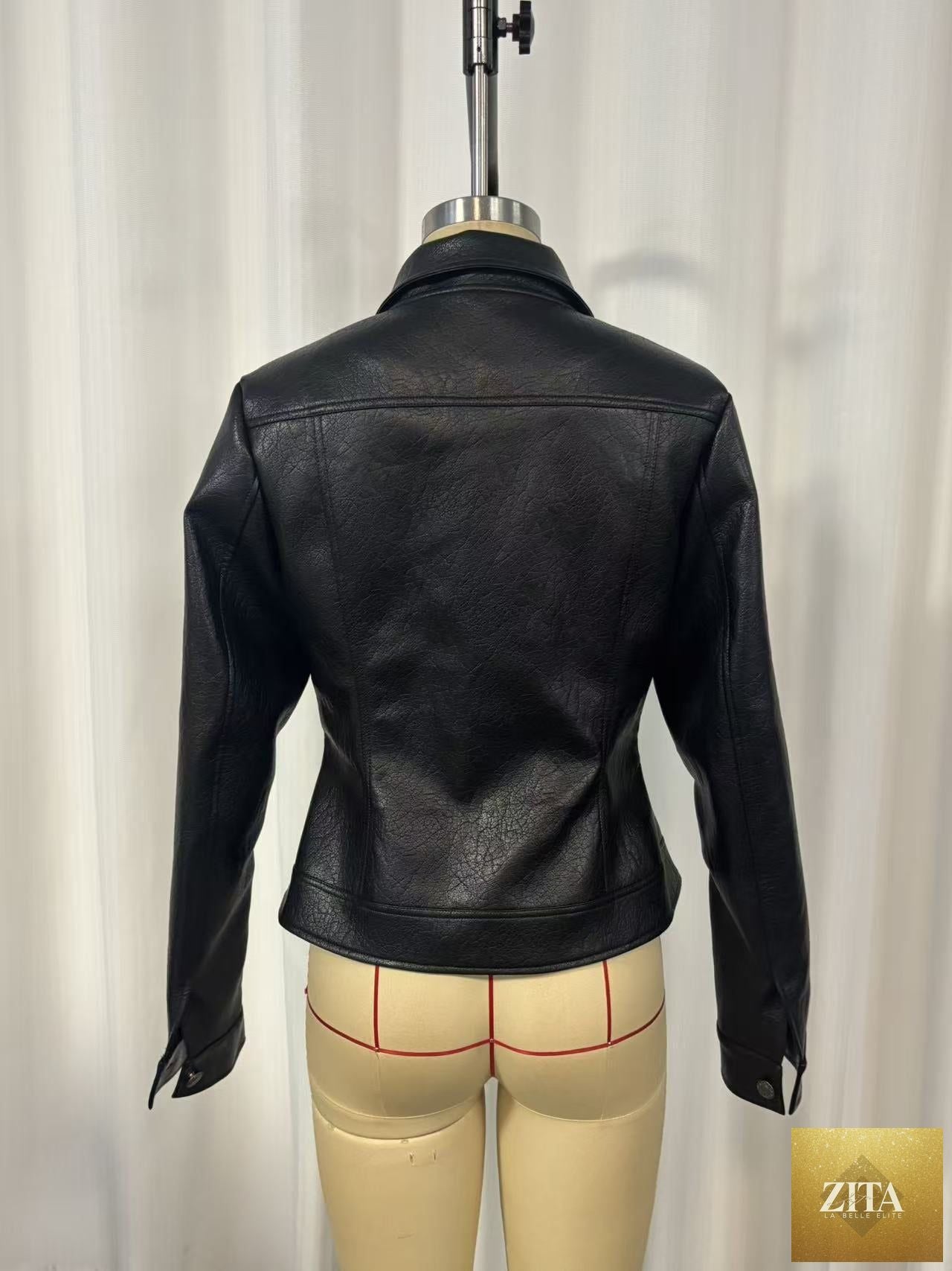 Black vintage washed PU leather biker jacket by FitiqueFit with slim fit and moto zip detail, stylish men's or women's outerwear