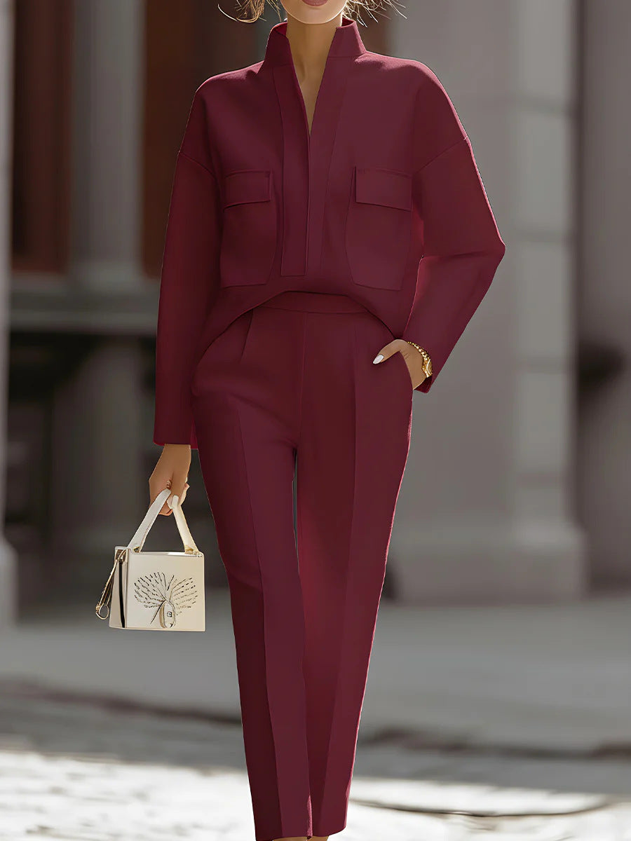 Women's casualwear two-piece set by FitiqueFit featuring a long-sleeve top and pants with functional pockets for urban commuting.