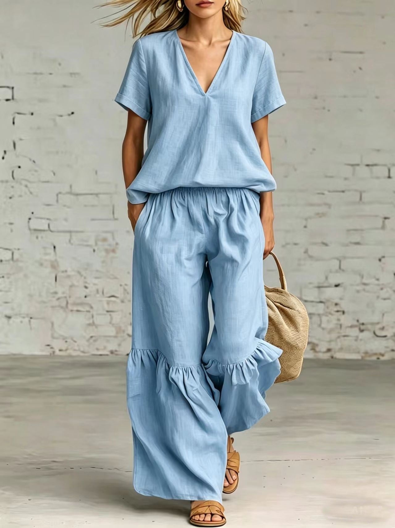FitiqueFit casualwear V-neck loose short-sleeve top and pants set in 7 colors, available in sizes S to 5XL, displayed on a model.