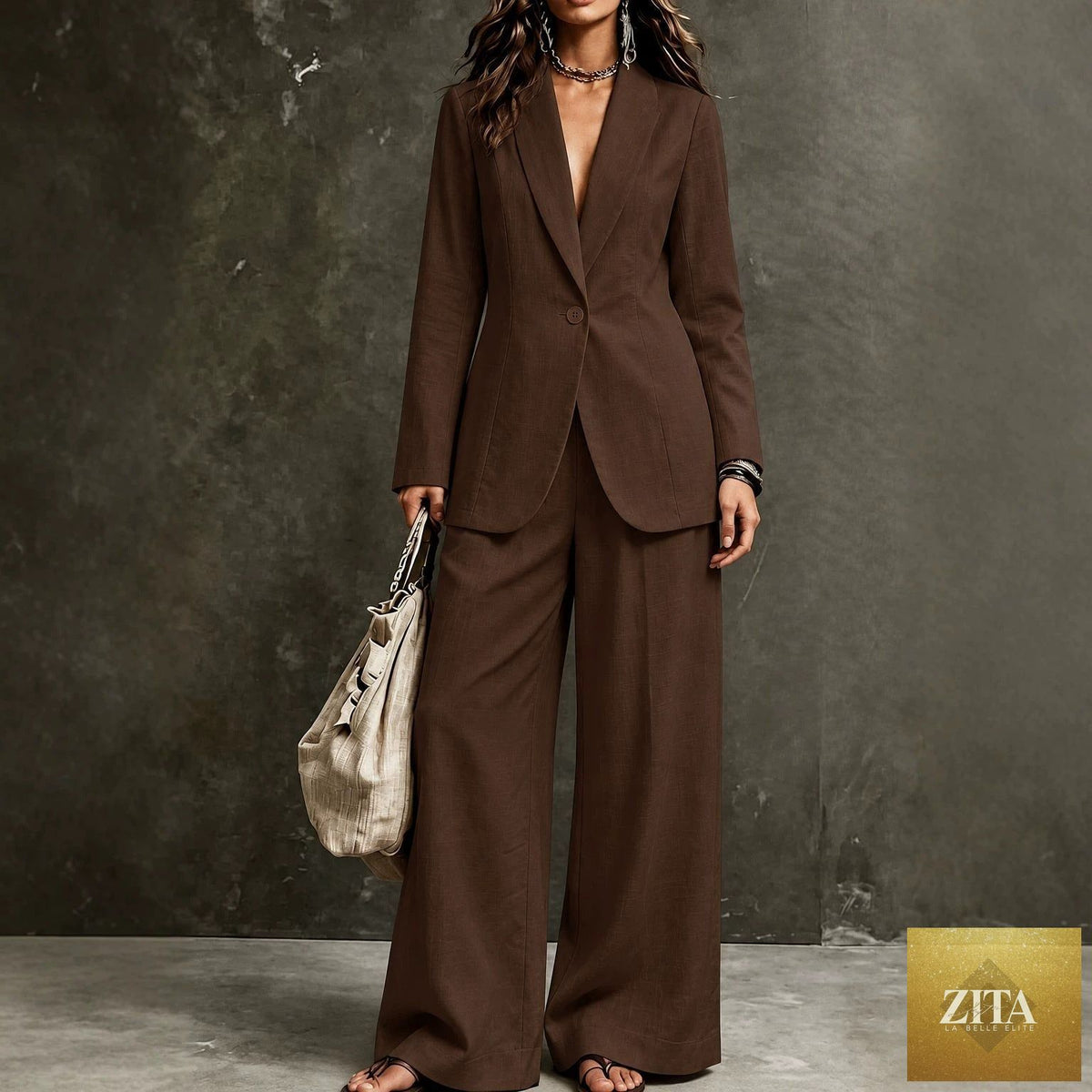 Women's linen-look blazer and wide-leg trouser suit set by MERIDGE, featuring a single-button blazer and matching trousers.