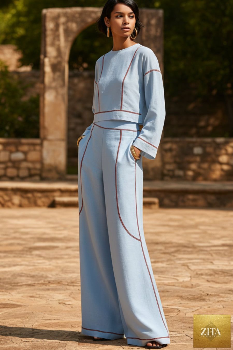 Women's Cropped Long-Sleeve Top & Ultra-Wide Palazzo Pants Set