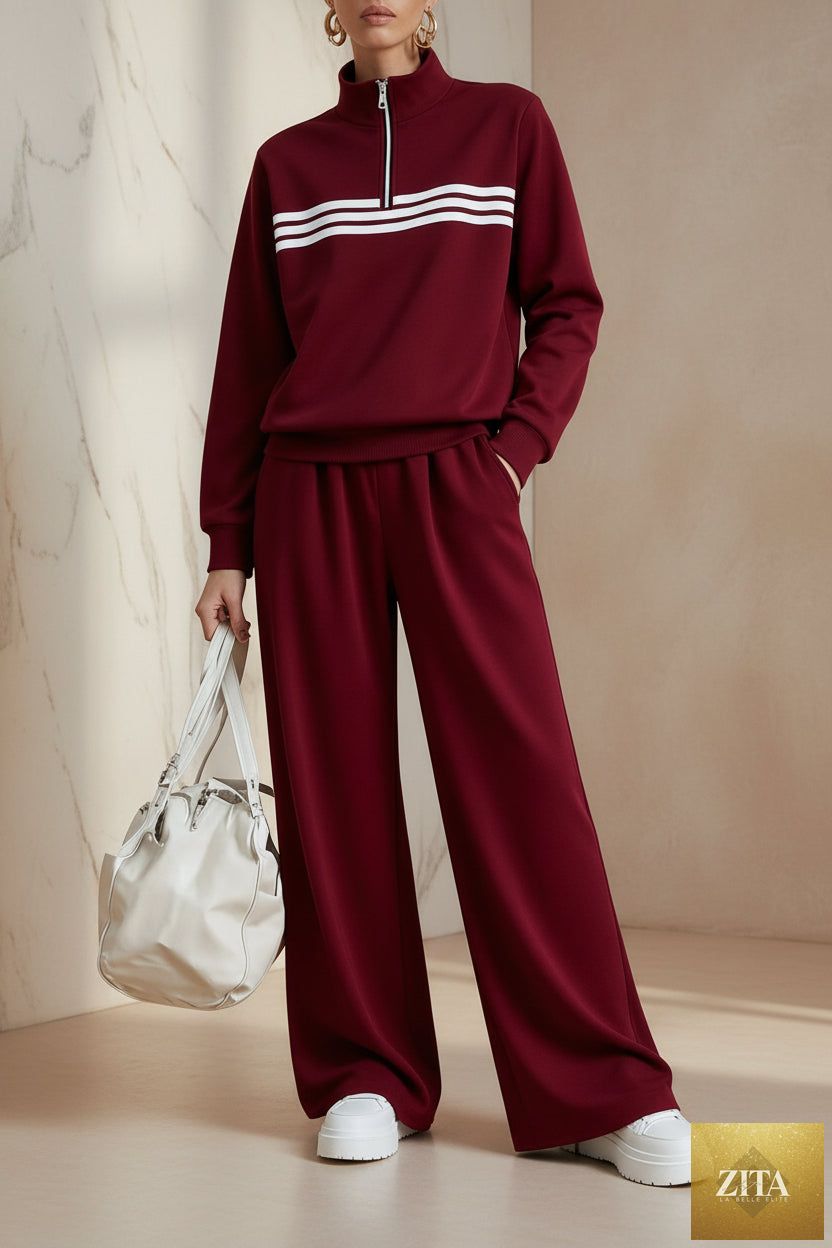 Women's Half-Zip Stripe Sweatshirt & Wide-Leg Pants Set
