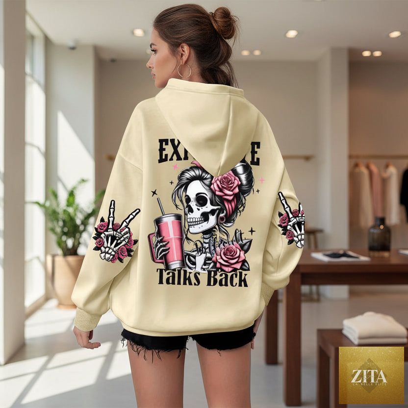 Women's skull and letter print long-sleeve sweatshirt by FitiqueFit, featuring a casual hoodie with graphic skull and letter designs.