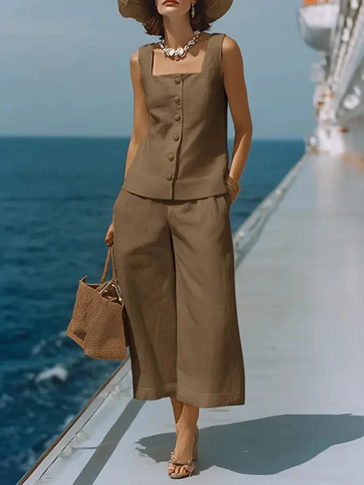 Women's Cotton Linen Square Neck Top & Capri Pants Set
