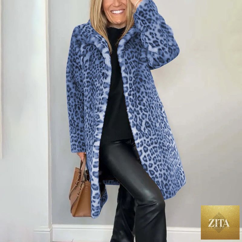 FitiqueFit leopard print plush jacket, cozy loose-fit mid-length outerwear with bold animal print and soft fabric.
