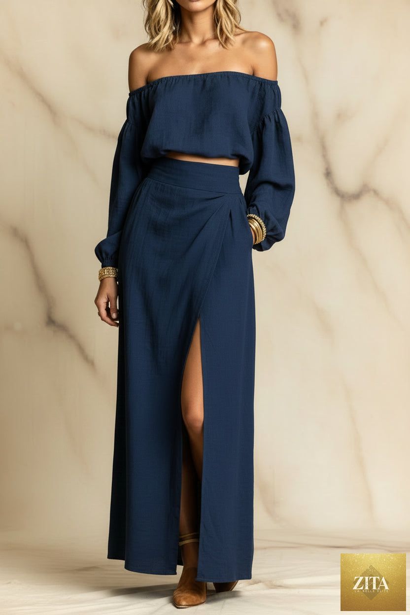 Women's Off-Shoulder Puff-Sleeve Crop Top & Wrap-Front High-Slit Maxi Skirt Set