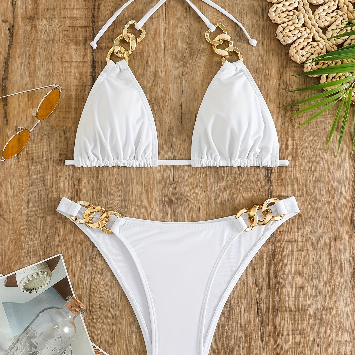 Stevvex Luxe Chain Link Triangle Halter Bikini Set in solid color, with lace-up tie back and high stretch nylon blend for summer beachwear.
