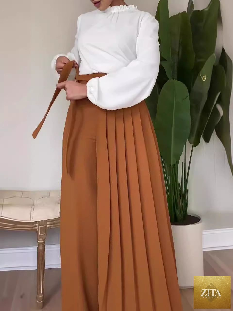 Womens Solid-Color Wide-Leg Pleated Pants With Ties