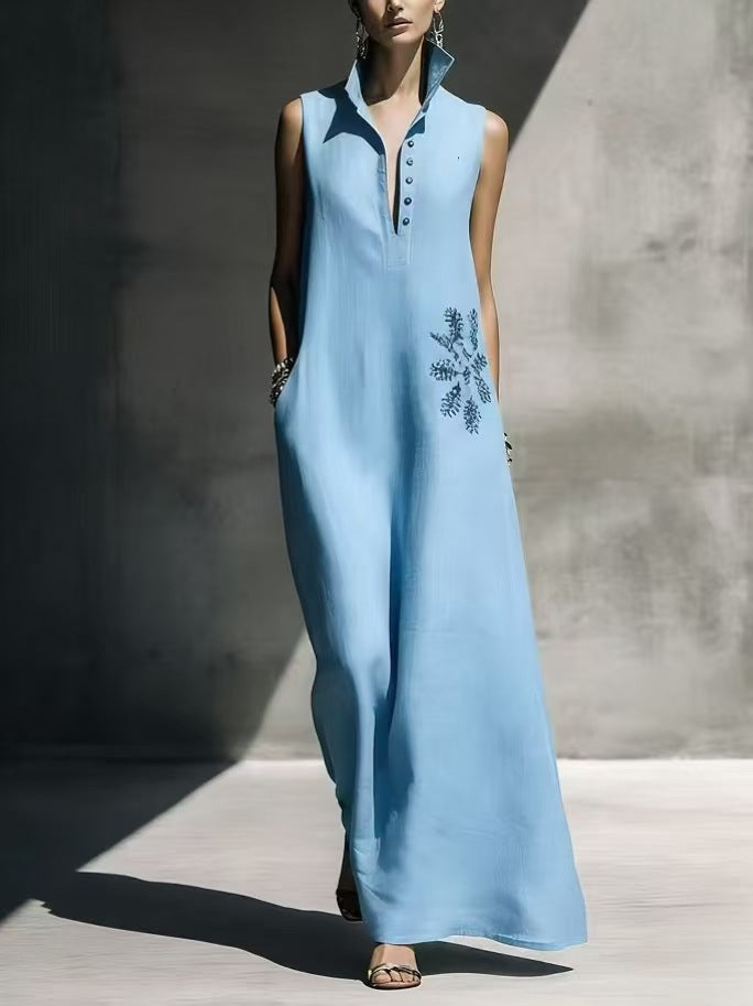 Women's cotton linen maxi dress with mandarin collar, graphic print, and pockets, by FitiqueFit, ideal casualwear for warm weather.