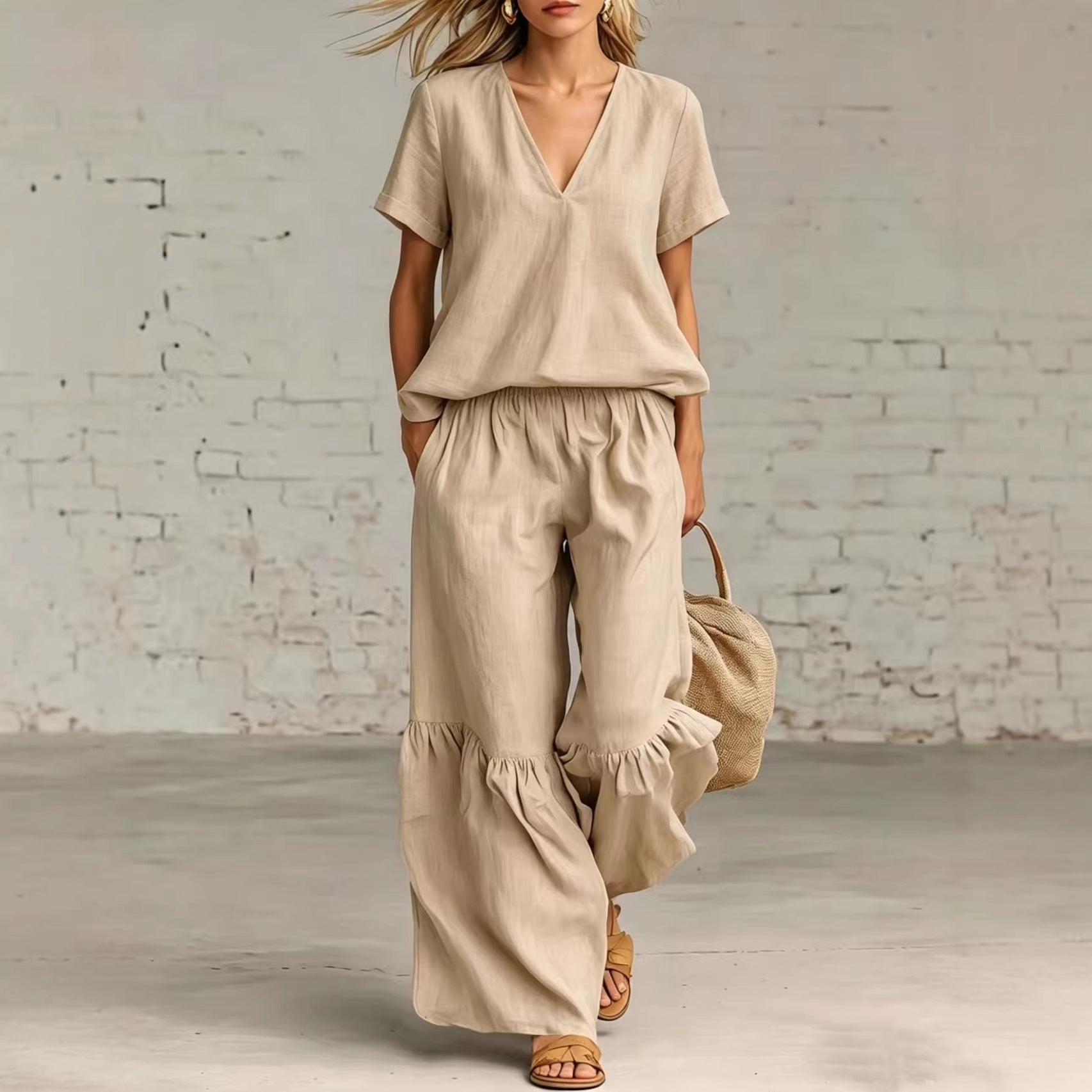 FitiqueFit casualwear set with v-neck short-sleeve top and matching pants in multiple colors, available in sizes S to 5XL.