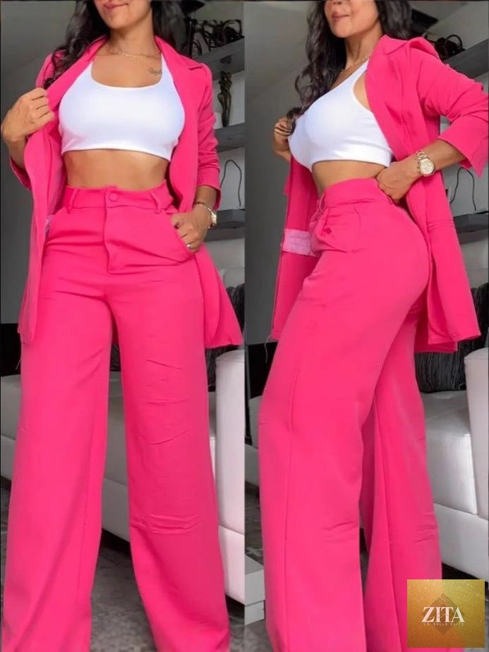 Women's Longline Open-Front Blazer & High-Waist Wide-Leg Trousers Suit Set – 8 Colors
