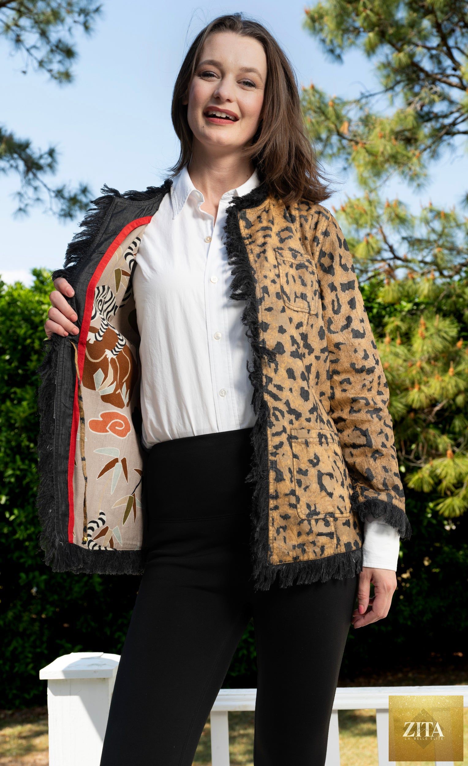 Fringed Jacket Animal Print On Denim