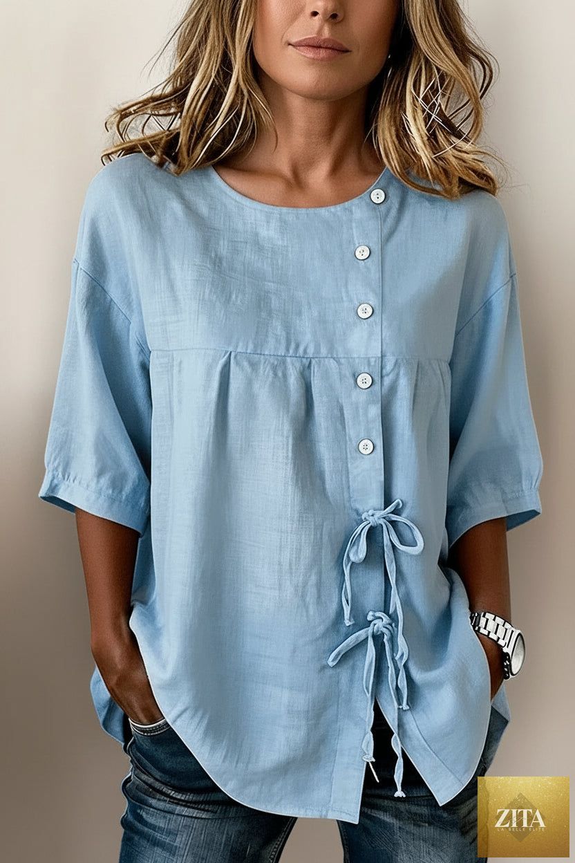 Women's lace-up button shirt from MERIDGE, stylish tops featuring a classic collar, long sleeves, and front button details.
