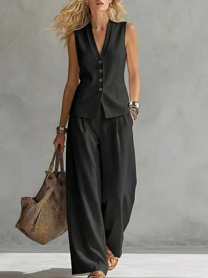 Women's solid linen sleeveless tank top and full-length pants set by FitiqueFit, casualwear outfit in natural linen fabric.