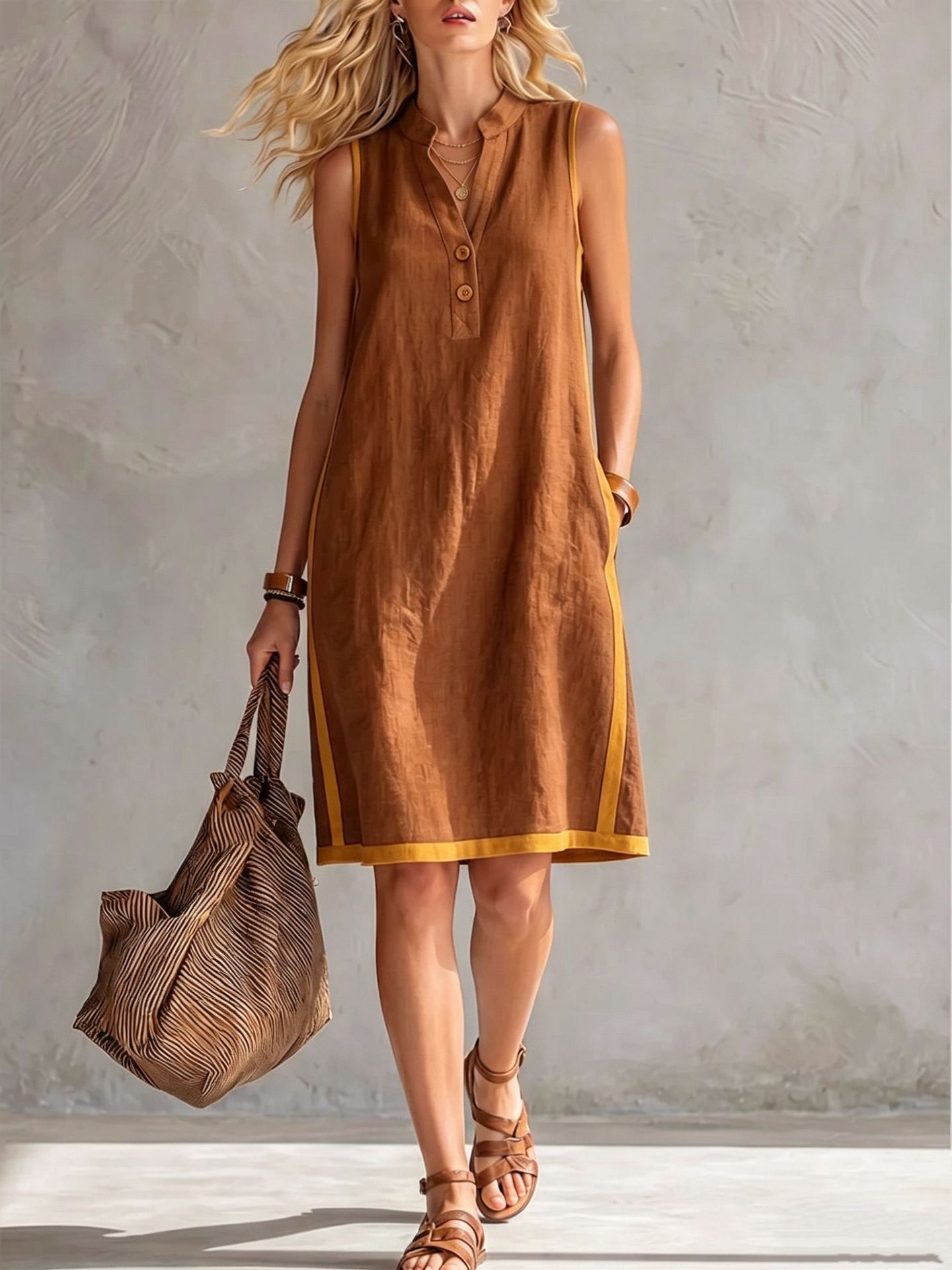Women's sleeveless V-neck button-front pocketed A-line midi dress by FitiqueFit, casualwear with a relaxed fit and stylish design.