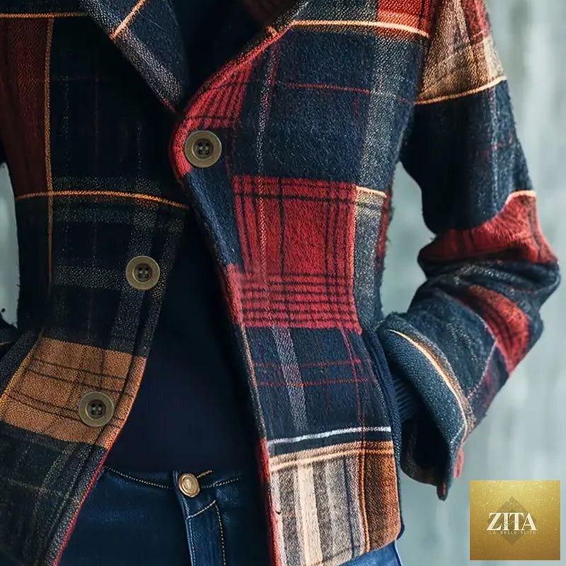 Vintage FitiqueFit women's stand collar blazer with single-row buttons, tailored jacket featuring a classic, stylish design.