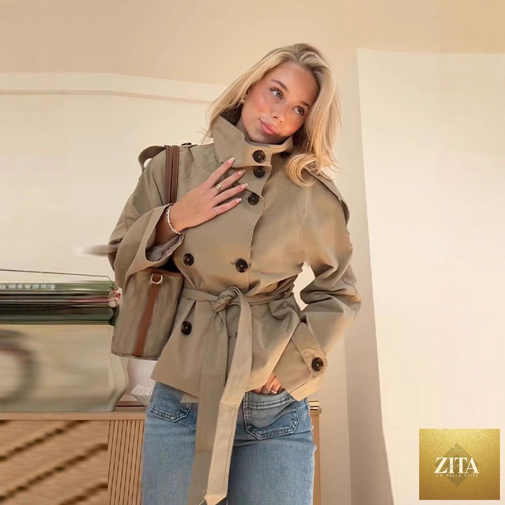 Women’s lace-up waist trench coat by FitiqueFit, stylish jacket with adjustable laces and classic trench design.