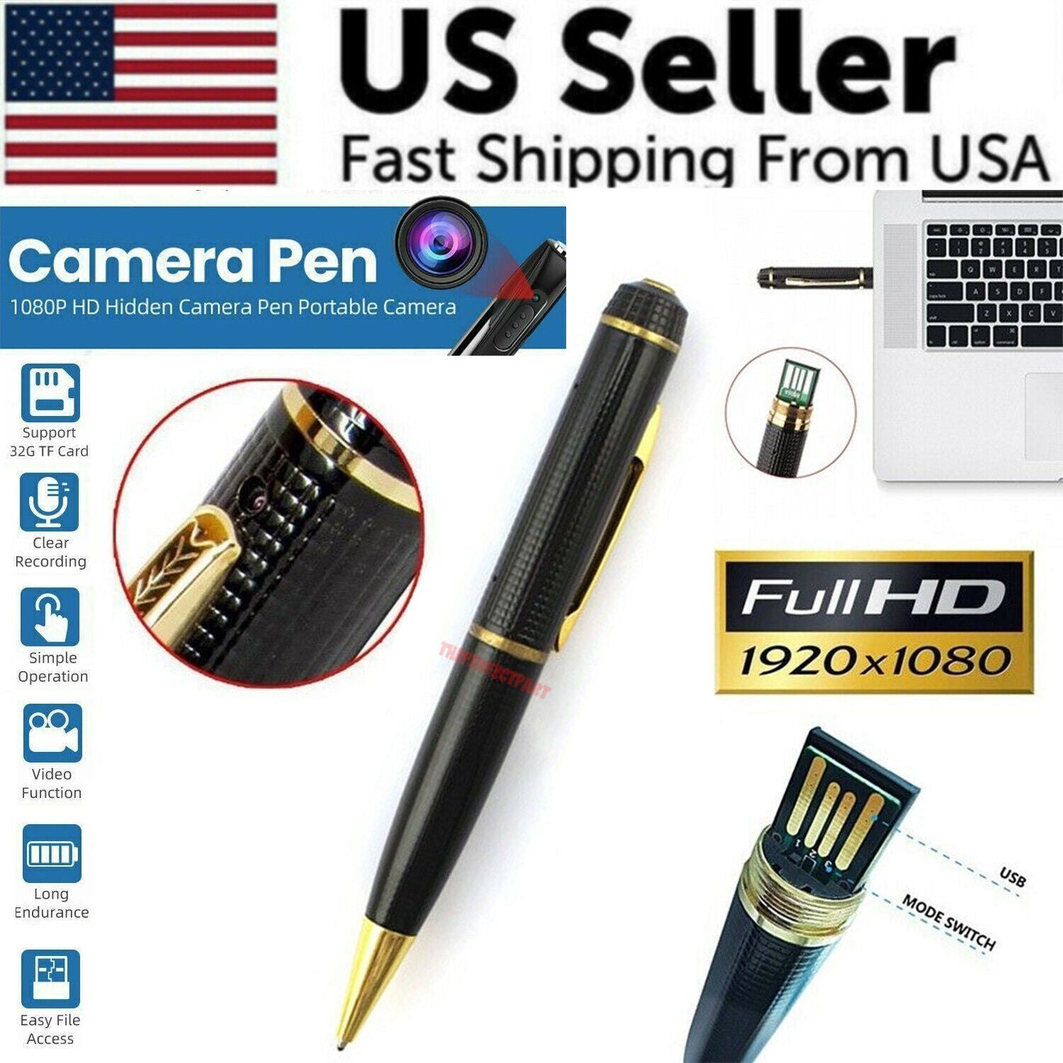 1080P HD Pocket Pen Camera Hidden Cam Mini Body Video Recorder DVR Puce Gaia