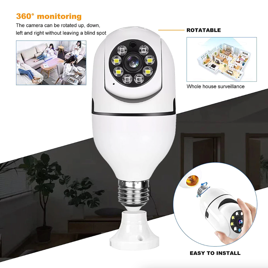 360° 1080P IP E27 Light Bulb Camera Wi-Fi IR Night Smart Home Wireless Puce Gaia