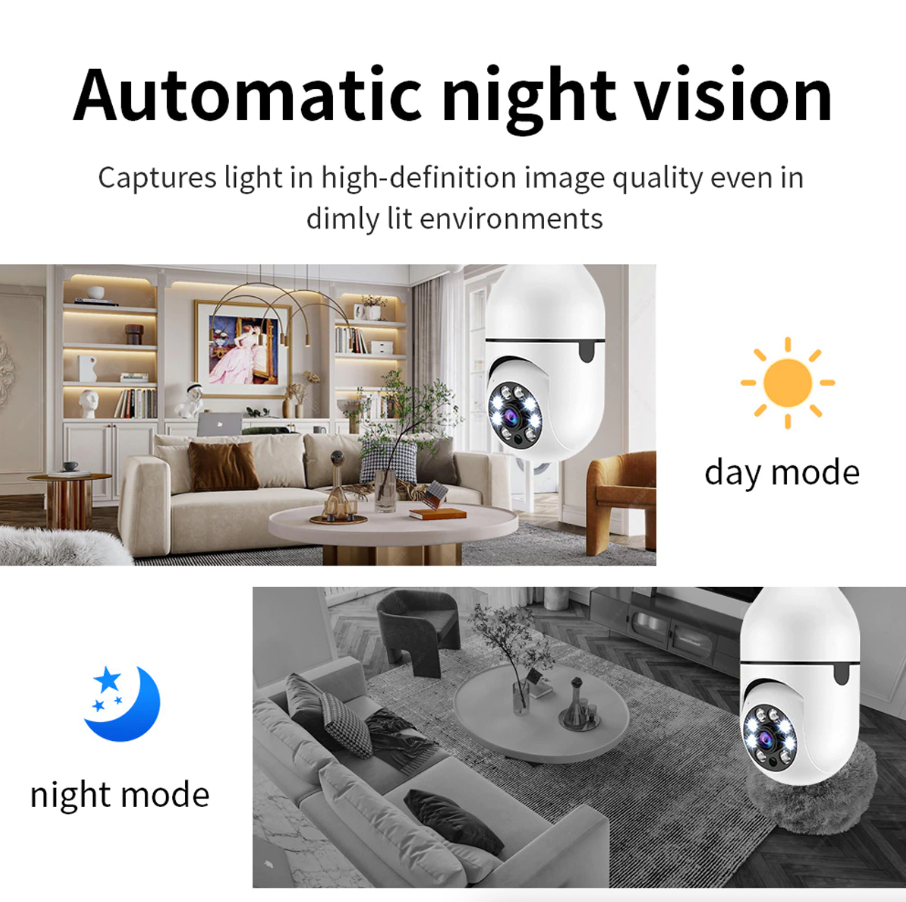 360° 1080P IP E27 Light Bulb Camera Wi-Fi IR Night Smart Home Wireless Puce Gaia