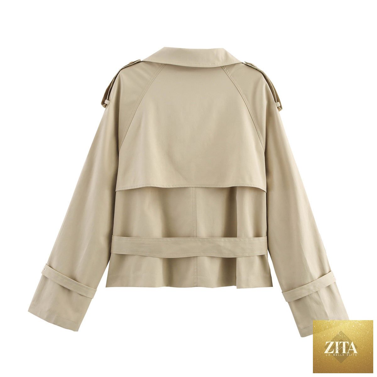 Women's FitiqueFit short trench coat with notch collar, belt buckle detail, and lightweight jacket design.