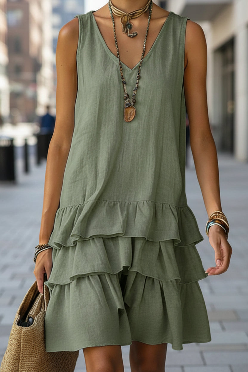 V-neck sleeveless midi dress by FitiqueFit in five colors, casualwear, displayed on a hanger with a simple background.