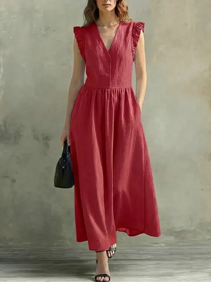 V-neck puff-sleeve cotton linen casual dress with pockets in multiple colors, by FitiqueFit.