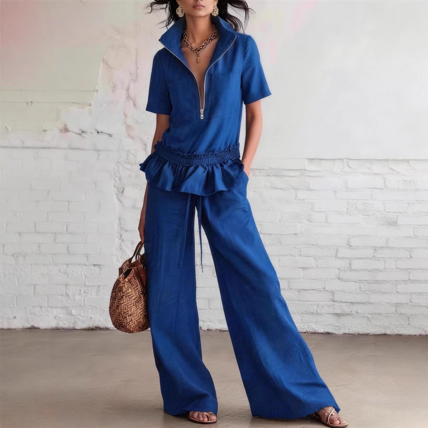 Women's Sleeveless Shirt & Wide-Leg Trousers Set – Solid Color 2-Piece