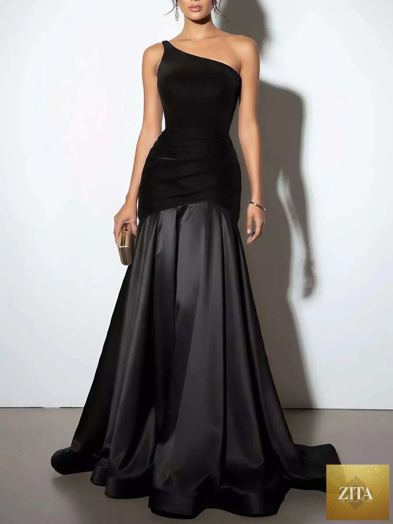 Shopiebay single shoulder floor-length dress featuring elegant fabric and a flowing silhouette for formal occasions.