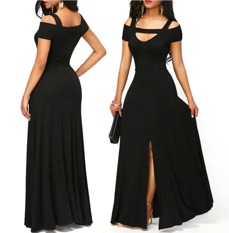 Plus size women’s V-neck off-shoulder maxi dress in flowing fabric, featuring a relaxed fit and stylish design.