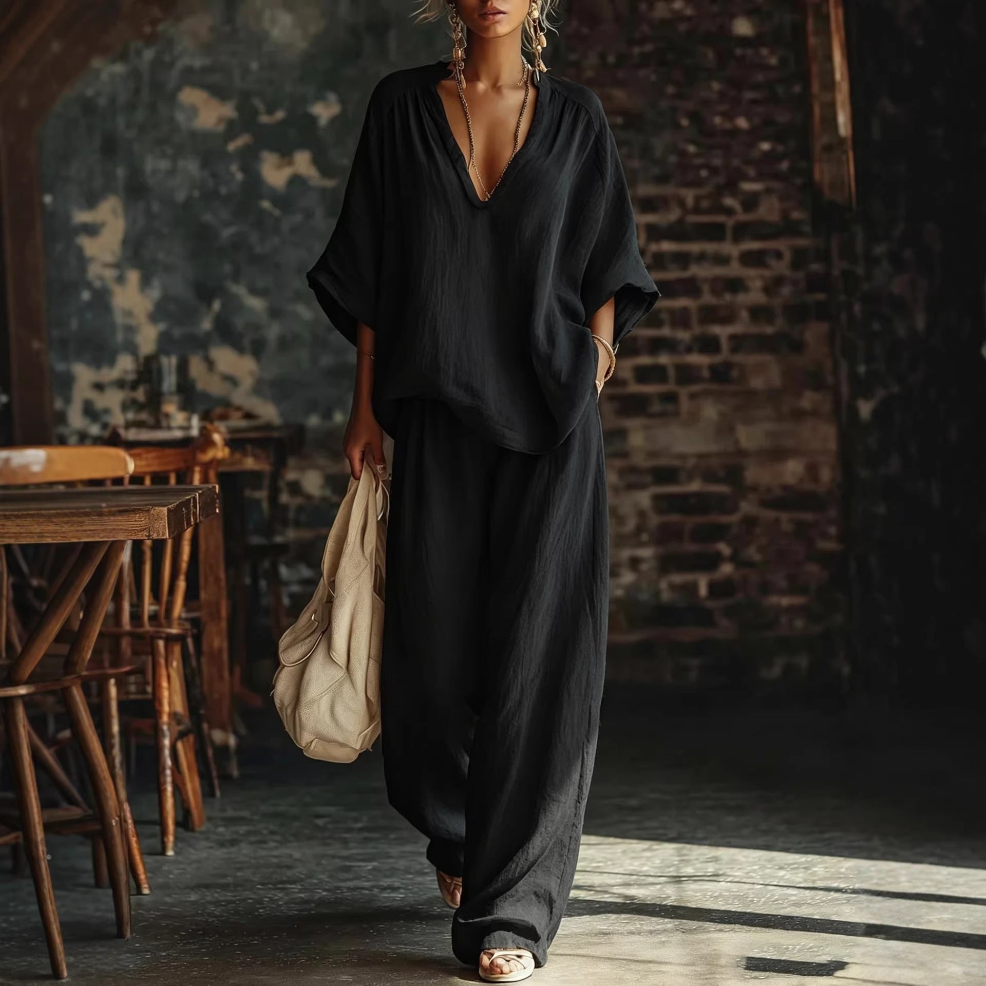 FitiqueFit casualwear V-neck loose short-sleeve top and pants set in multiple colors, featuring a relaxed fit and comfortable fabric.