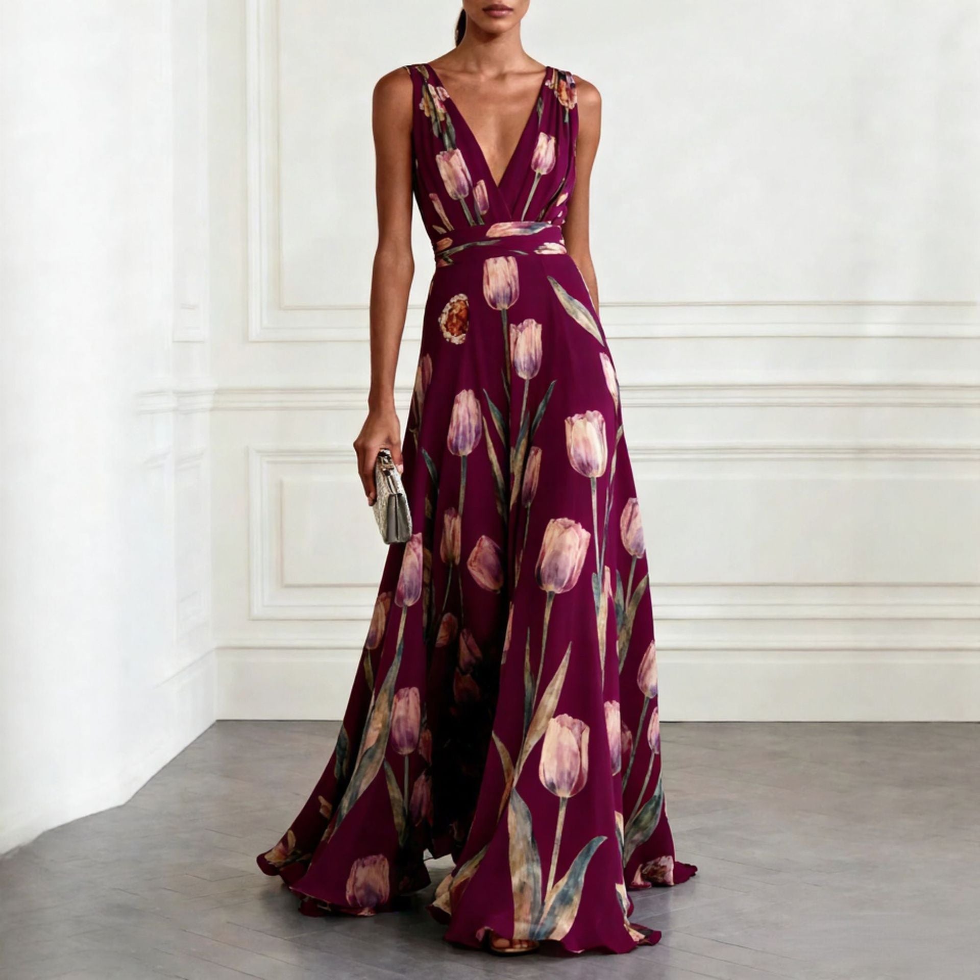 Women's tulip print sleeveless V-neck A-line maxi dress by FitiqueFit, shown in a vibrant floral pattern with a flowing silhouette.