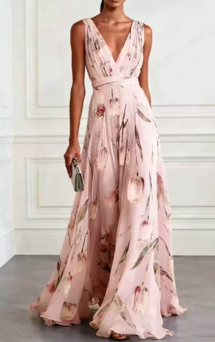 Women's tulip print sleeveless V-neck A-line maxi dress by FitiqueFit in five colors, featuring a flowing silhouette and deep V-neck design.