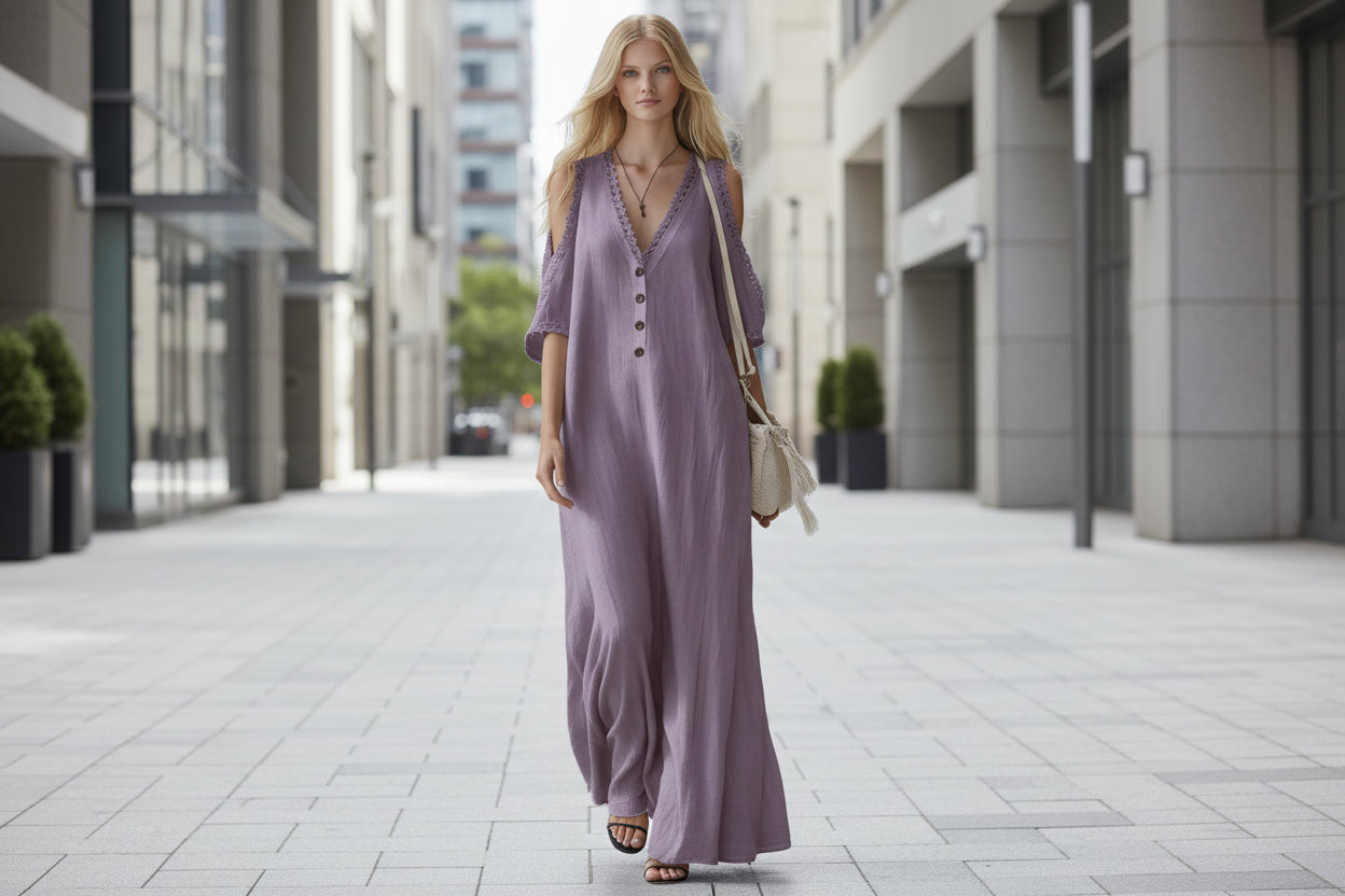 Women's Lace-Trim Loose A-Line Dress – Three-Quarter Sleeve Maxi