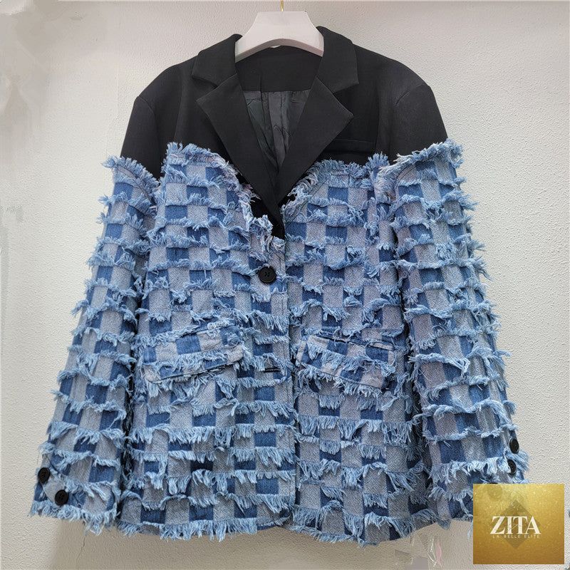 Women's stylish tassel denim patchwork blazer with mixed fabric details, featuring tassel accents and tailored fit.