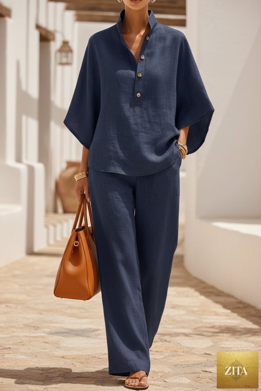 Women's linen-look stand collar batwing top and wide-leg pants set by MERIDGE, featuring a relaxed fit in light, breathable fabric.
